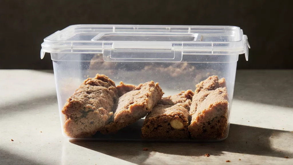 Snickerdoodle blondies stored in a plastic container with lid open