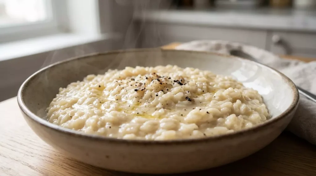 Close up of creamy truffle risotto texture with individual rice grains