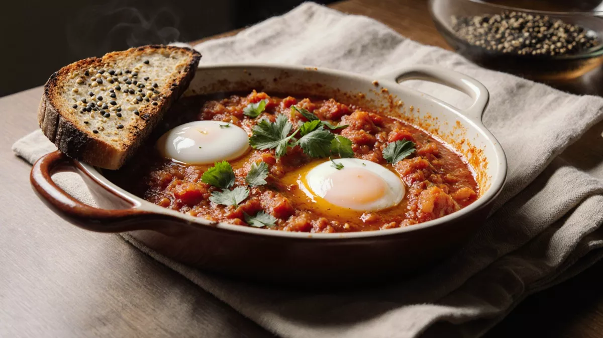 Burrata and eggs served together in a shallow dish with tomato sauce