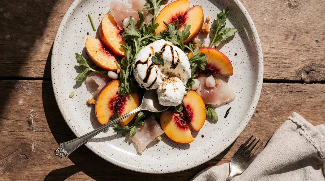 Burrata arugula peach salad with ripe peach slices and arugula on a plate