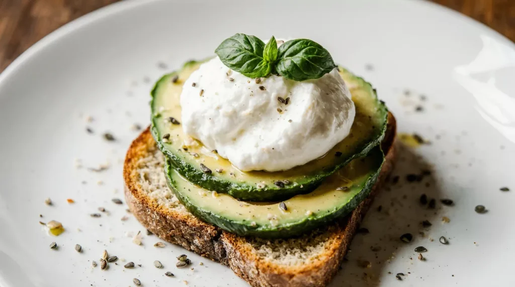 Close-up of sliced avocado and burrata on toasted bread