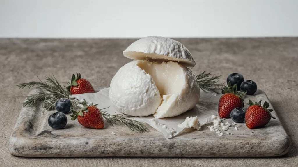 Close-up of burrata cheese cut open showing its soft interior and outer shell