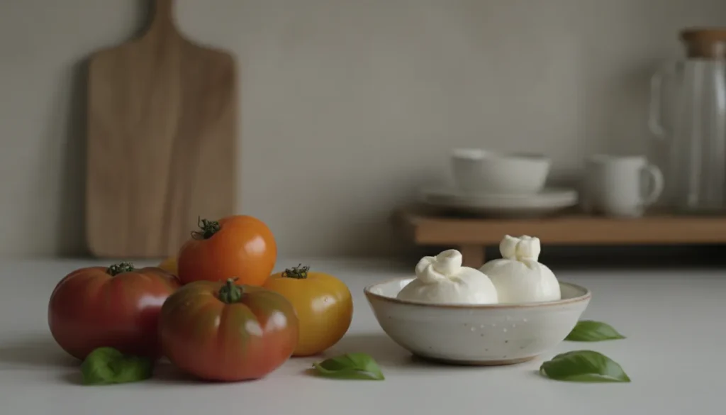 Whole heirloom tomatoes and burrata cheese resting on a kitchen counter