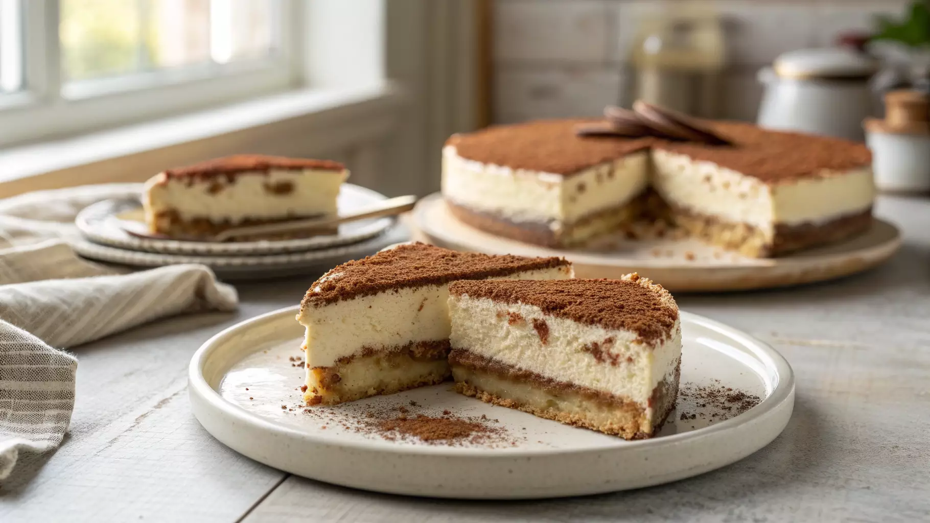 Slice of no-bake tiramisu cheesecake with creamy layers and cocoa topping on a ceramic plate